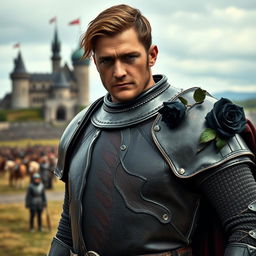 A knight wearing stubbed leather armor, with a black rose pinned on his right-hand side