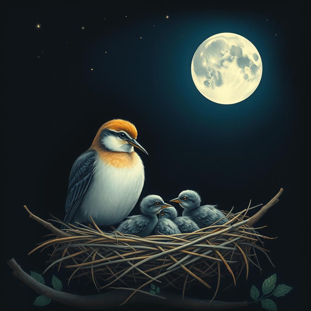 A mother bird feeding its babies in a nest under a dark moonlit sky