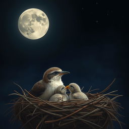 A mother bird feeding its babies in a nest under a dark moonlit sky