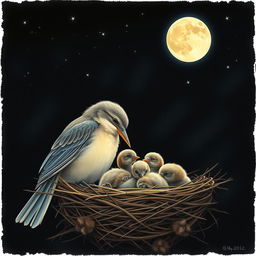 A mother bird feeding its babies in a nest under a dark moonlit sky