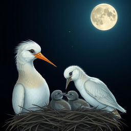 A mother bird feeding its babies in a nest under a dark moonlit sky