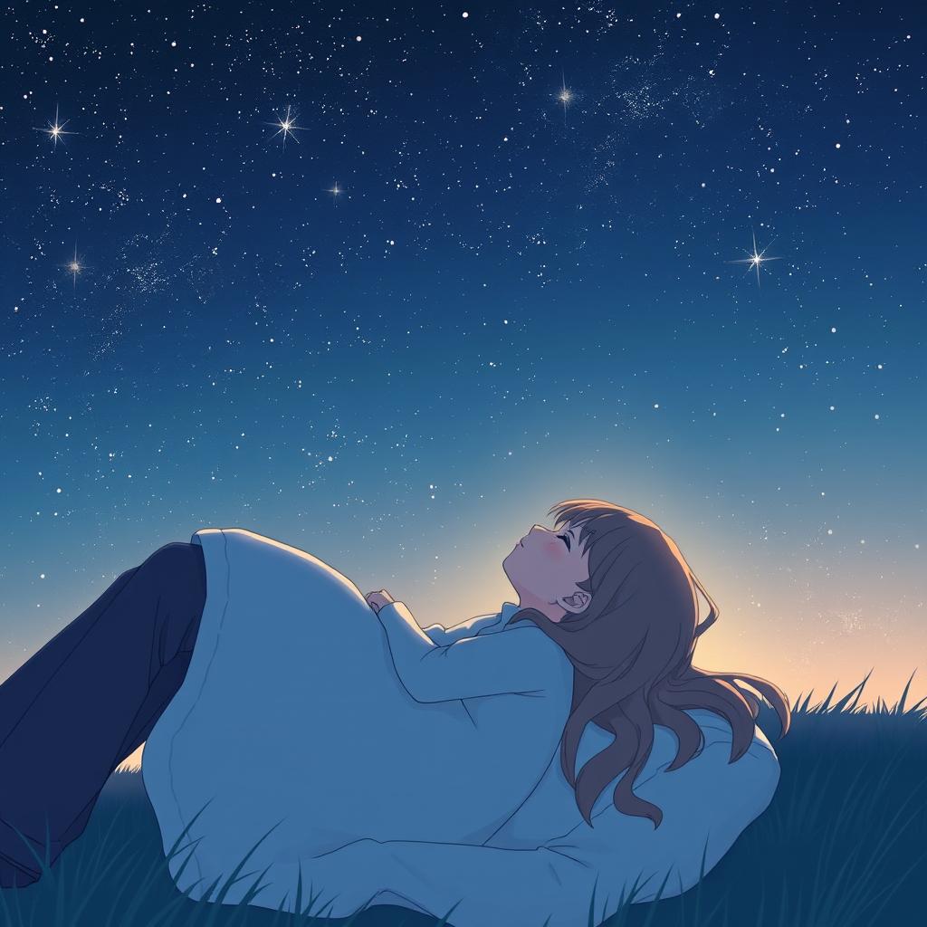 A serene scene where a girl is lying in someone's lap while they gaze up at the stars in the night sky