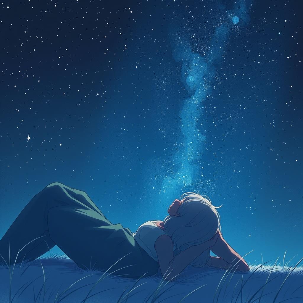 A serene scene where a girl is lying in someone's lap while they gaze up at the stars in the night sky