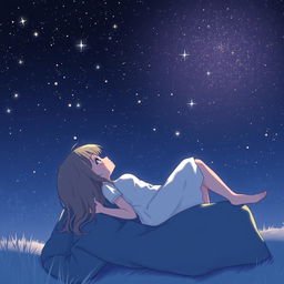 A serene scene where a girl is lying in someone's lap while they gaze up at the stars in the night sky