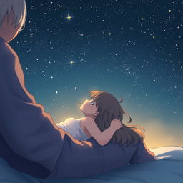 A serene scene where a girl is lying in someone's lap while they gaze up at the stars in the night sky