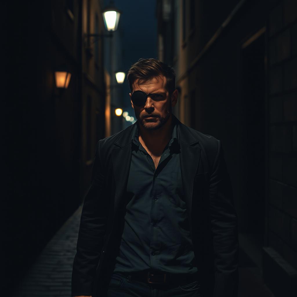 A man wearing an eye patch strolling through a dark alley at night