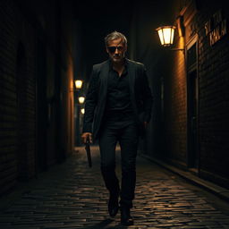 A man wearing an eye patch strolling through a dark alley at night