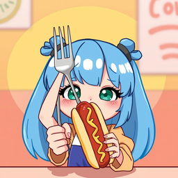 A cartoon girl with blue hair holding a hot dog in her hands, using a fork to raise the hot dog boldly