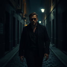 A man wearing an eye patch strolling through a dark alley at night