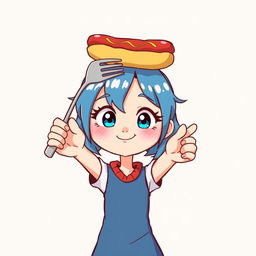 A cartoon girl with blue hair holding a hot dog in her hands, using a fork to raise the hot dog boldly