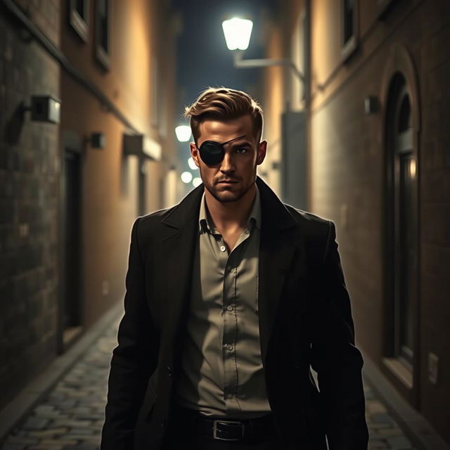 A man wearing an eye patch strolling through a dark alley at night