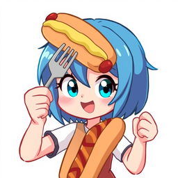 A cartoon girl with blue hair holding a hot dog in her hands, using a fork to raise the hot dog boldly