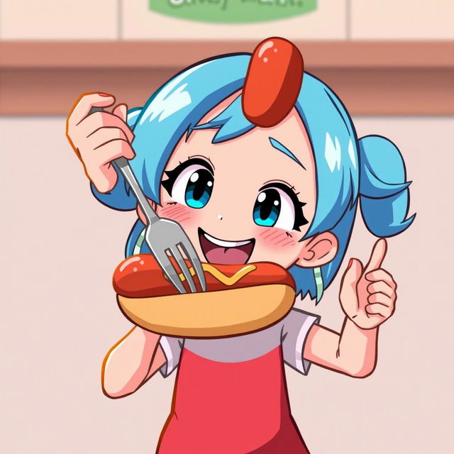 A cartoon girl with blue hair holding a hot dog in her hands, using a fork to raise the hot dog boldly