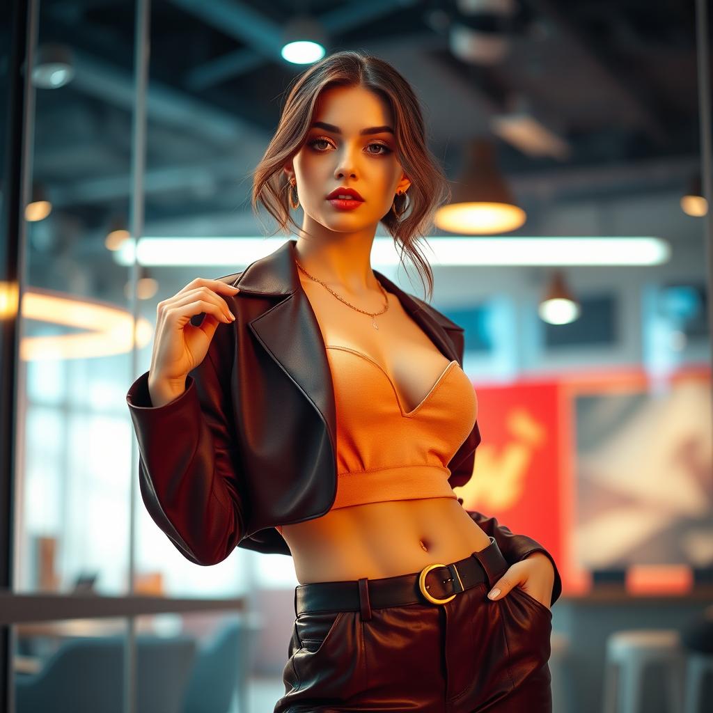 Create an image of a confident and alluring girl in a stylish outfit