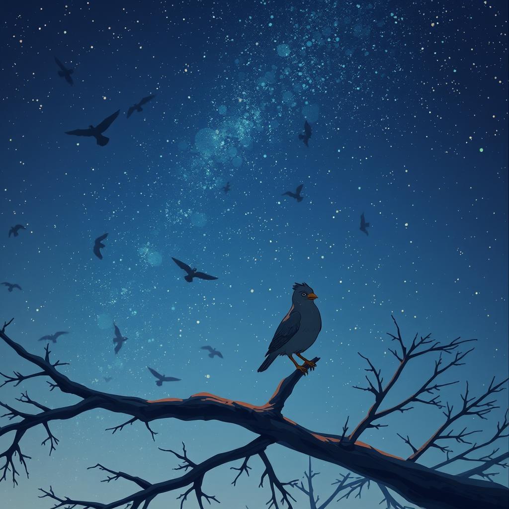 An animated scene showing a sky filled with many birds flying, while one bird sits on a tree branch, unable to move