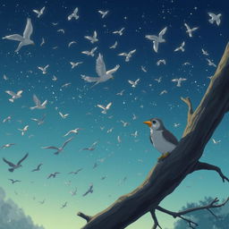 An animated scene showing a sky filled with many birds flying, while one bird sits on a tree branch, unable to move