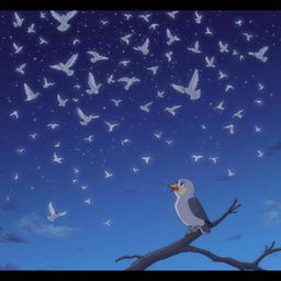 An animated scene showing a sky filled with many birds flying, while one bird sits on a tree branch, unable to move