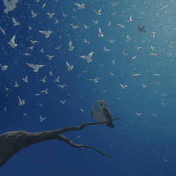 An animated scene showing a sky filled with many birds flying, while one bird sits on a tree branch, unable to move