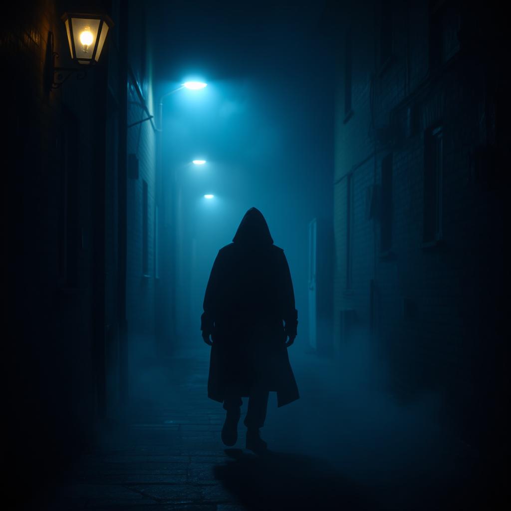 A thrilling mystery scene set in a dark, foggy alleyway at night