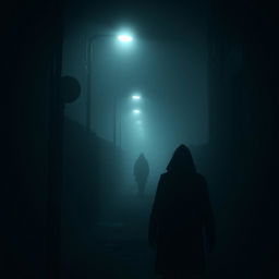 A thrilling mystery scene set in a dark, foggy alleyway at night