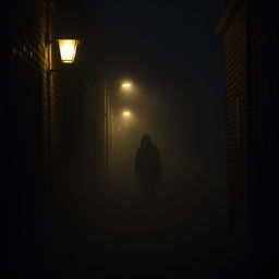 A thrilling mystery scene set in a dark, foggy alleyway at night