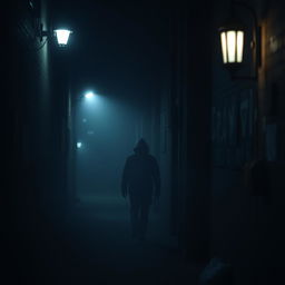 A thrilling mystery scene set in a dark, foggy alleyway at night