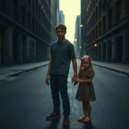 A young man is standing alone in the street, looking determined