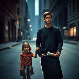 A young man is standing alone in the street, looking determined