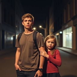 A young man is standing alone in the street, looking determined