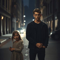 A young man is standing alone in the street, looking determined