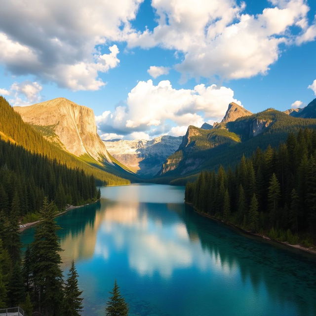 A serene landscape featuring a crystal-clear lake surrounded by lush green forests and towering mountains in the background