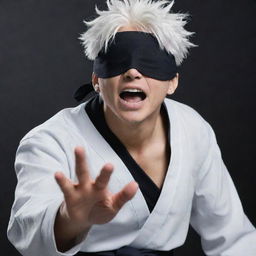 Gojo Satoru, a powerful and charismatic character from Jujutsu Kaisen, with his unique white hair and blindfold, displaying his immense energy and special abilities in a dynamic pose.