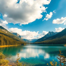 A serene landscape featuring a crystal-clear lake surrounded by lush green forests and towering mountains in the background