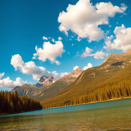 A serene landscape featuring a crystal-clear lake surrounded by lush green forests and towering mountains in the background