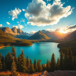 A serene landscape featuring a crystal-clear lake surrounded by lush green forests and towering mountains in the background