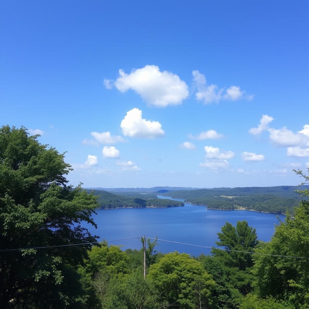 A serene landscape featuring a calm lake surrounded by lush green trees under a clear blue sky with a few fluffy white clouds