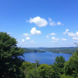 A serene landscape featuring a calm lake surrounded by lush green trees under a clear blue sky with a few fluffy white clouds