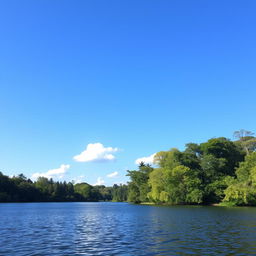 A serene landscape featuring a calm lake surrounded by lush green trees under a clear blue sky with a few fluffy white clouds