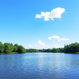 A serene landscape featuring a calm lake surrounded by lush green trees under a clear blue sky with a few fluffy white clouds