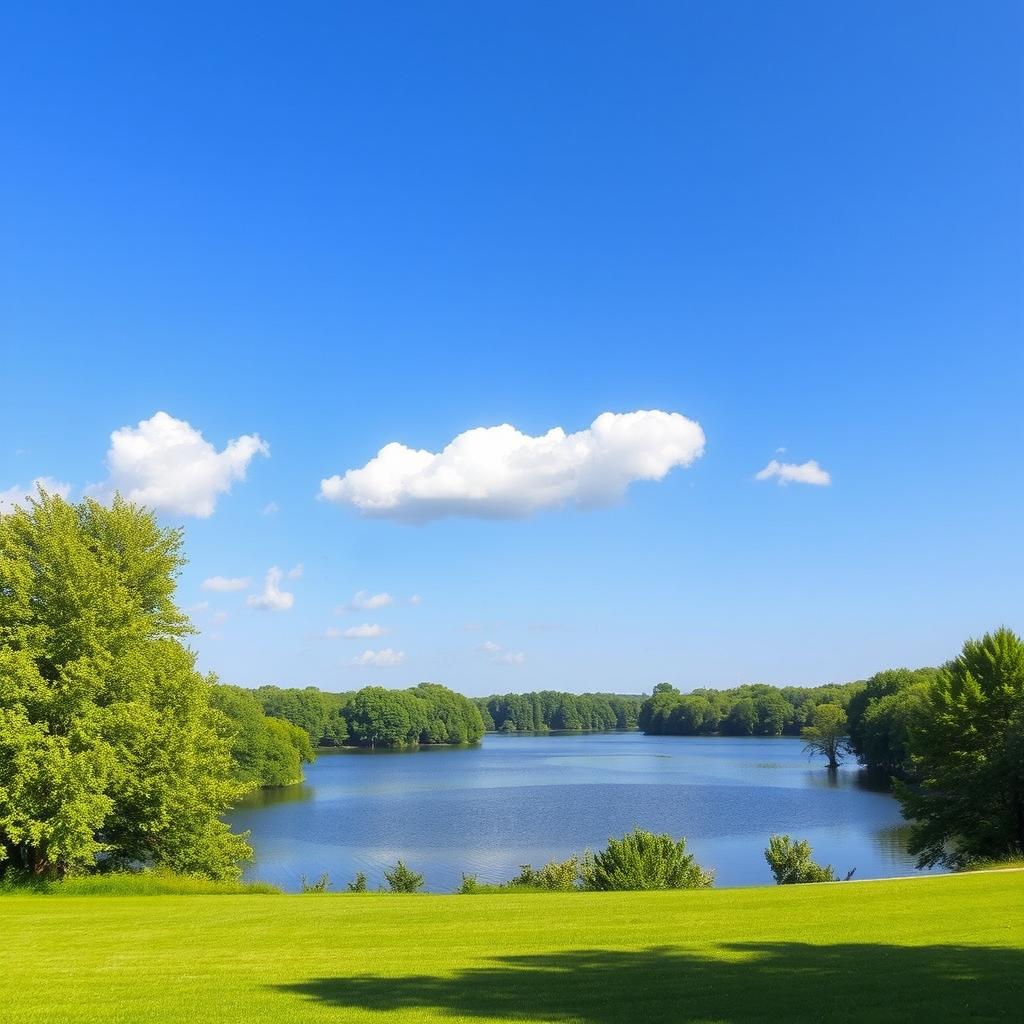 A serene landscape featuring a calm lake surrounded by lush green trees under a clear blue sky with a few fluffy white clouds