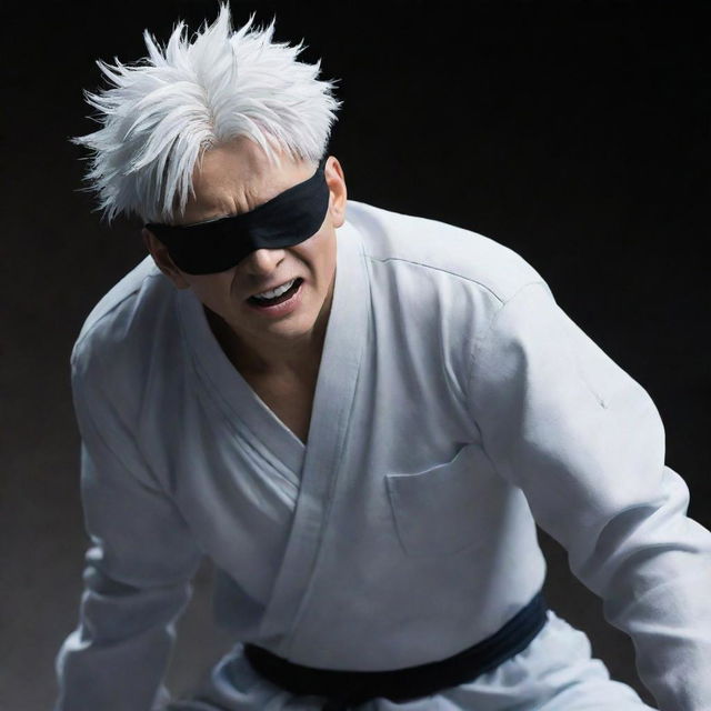 Gojo Satoru, a powerful and charismatic character from Jujutsu Kaisen, with his unique white hair and blindfold, displaying his immense energy and special abilities in a dynamic pose.