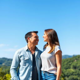 A man and a woman standing and looking at each other