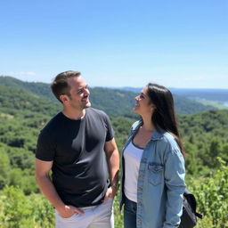 A man and a woman standing and looking at each other