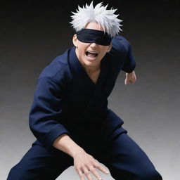 Gojo Satoru, a powerful and charismatic character from Jujutsu Kaisen, with his unique white hair and blindfold, displaying his immense energy and special abilities in a dynamic pose.