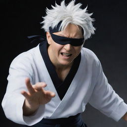 Gojo Satoru, a powerful and charismatic character from Jujutsu Kaisen, with his unique white hair and blindfold, displaying his immense energy and special abilities in a dynamic pose.