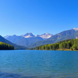 A beautiful landscape featuring a serene lake surrounded by lush green trees and mountains in the background under a clear blue sky