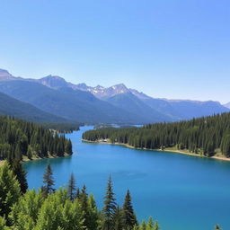 A beautiful landscape featuring a serene lake surrounded by lush green trees and mountains in the background under a clear blue sky