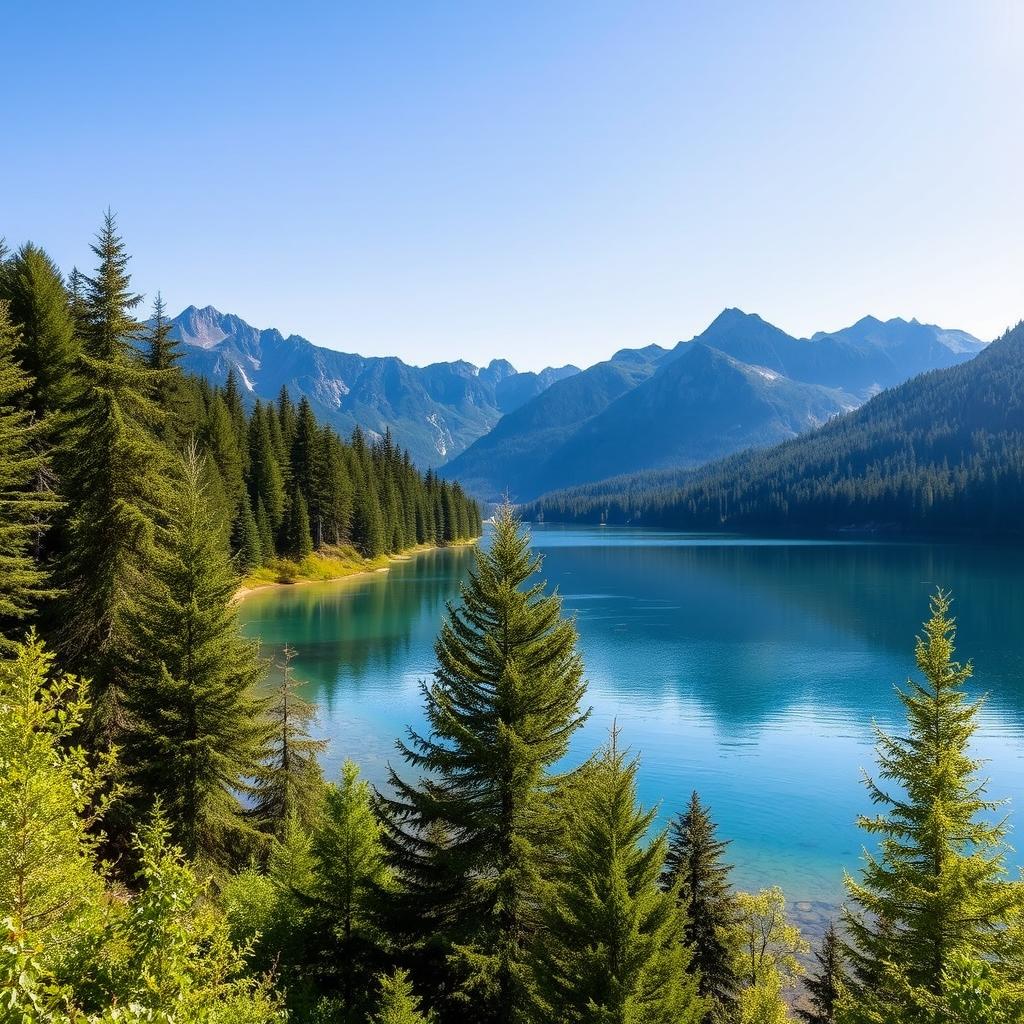 A beautiful landscape featuring a serene lake surrounded by lush green trees and mountains in the background under a clear blue sky