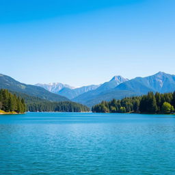 A beautiful landscape featuring a serene lake surrounded by lush green trees and mountains in the background under a clear blue sky