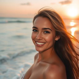 A beautiful woman standing on a serene beach, with waves gently crashing in the background and the sun setting on the horizon, casting a golden glow over the scene